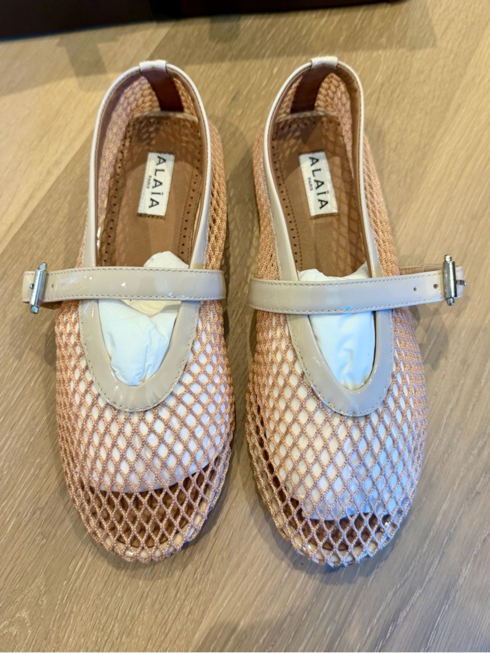 Alaia Pink Mesh Mary Jane Flats with Cream Trim